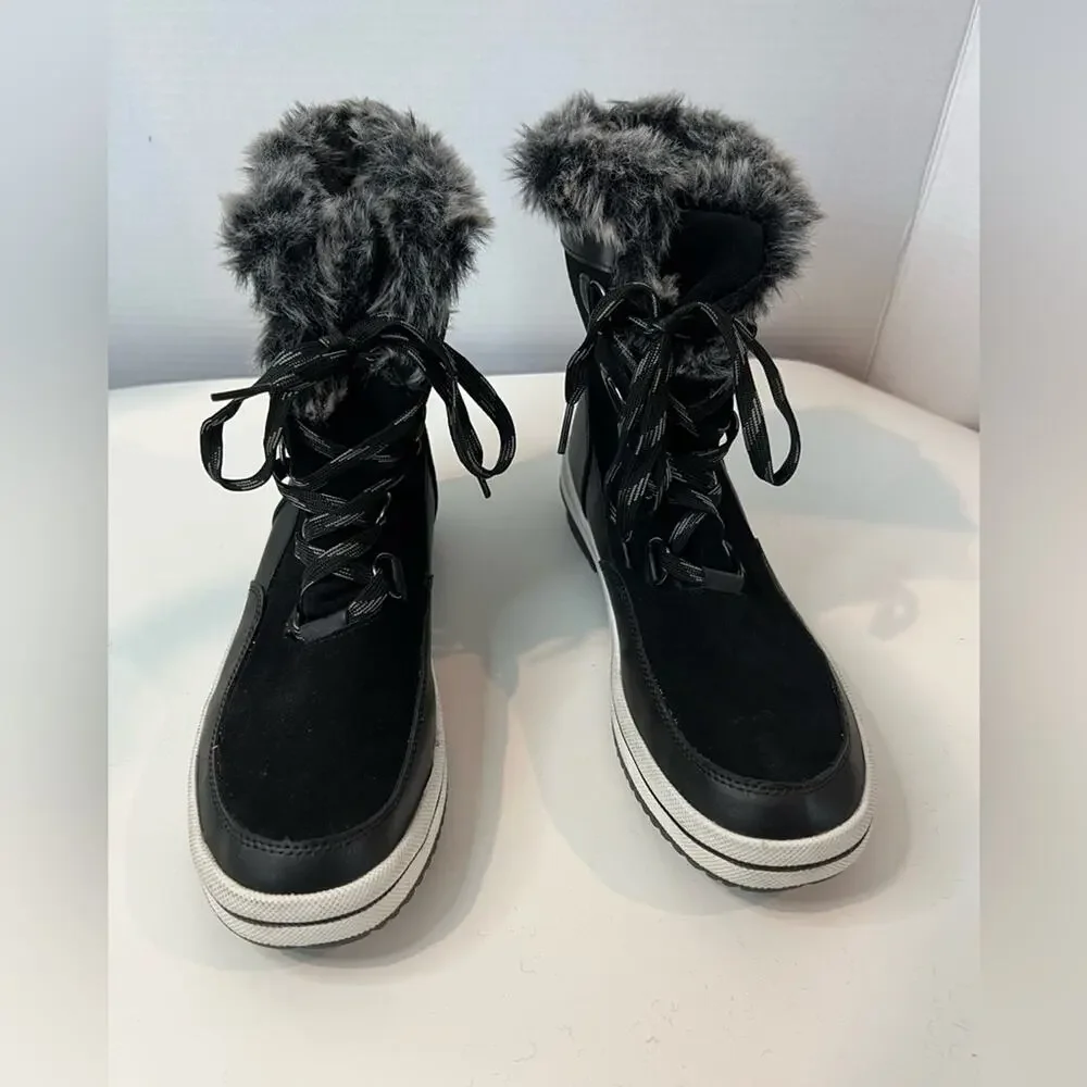 NEW Amazon Essentials Mid‎ Calf Snow Winter Black White Faux Fur Trim Boots 11